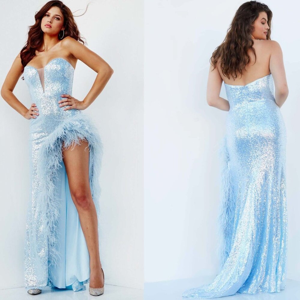 Jovani 07068 Strapless High Slit Sequin Gown LIght Blue